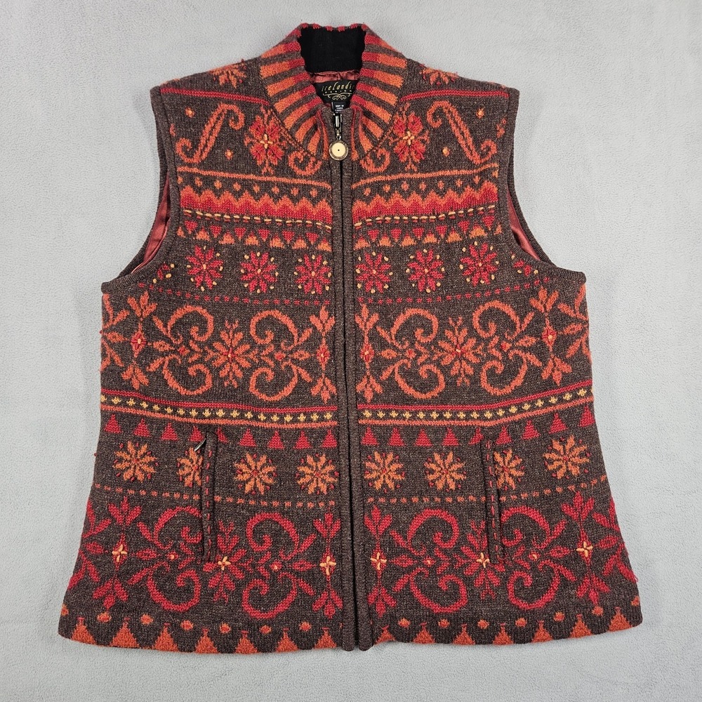 Icelandic Design Vest Womens Large Zip Knit Nordic Embroidered Wool Blend